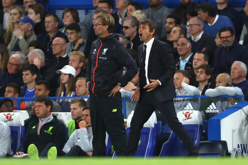 Antonio Conte, manager of Chelsea, right, and Liverpool counterpart Jurgen Klopp during the Premier League match at Stamford Bridge on September 16, 2016 in London, England. Clive Rose / Getty Images