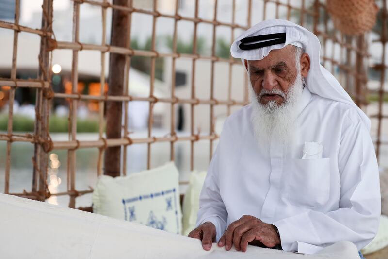 Muhammed Al Marzoogi making sails like Bedouin people did in the past.