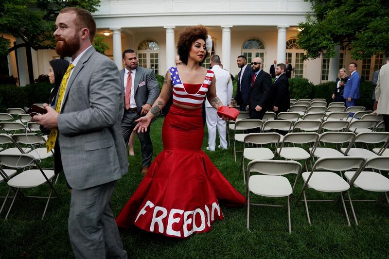 Singer and actress Joy Angela Villa, who goes by the stage name "Princess Joy Villa", a guest of U.S. President Donald Trump at his social media summit, criticizes the White House press corps as she leaves an event in the Rose Garden where the president announced his administration's efforts to gain citizenship information during the 2020 census at the White House in Washington, U.S., July 11, 2019. REUTERS/Kevin Lamarque