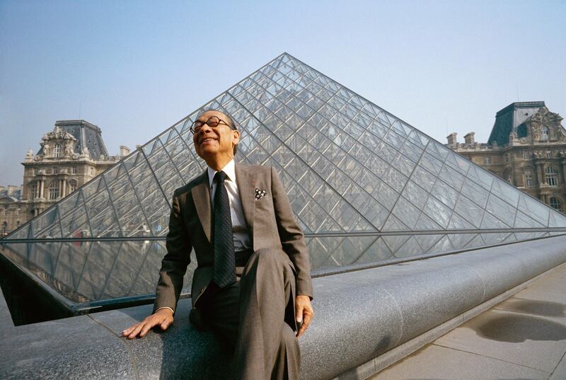 Architect I.M. Pei sits near the Louvre's Pyramid Entrance, which he designed. (Photo by Bernard Bisson/Sygma via Getty Images)
