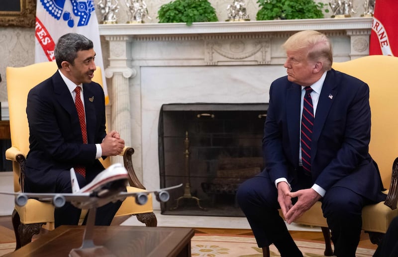 Sheikh Abdullah bin Zayed, UAE Minister of Foreign Affairs and International Co-operation, meets US President Donald Trump in the Oval Office of the White House before the signing of Abraham Accord. AFP
