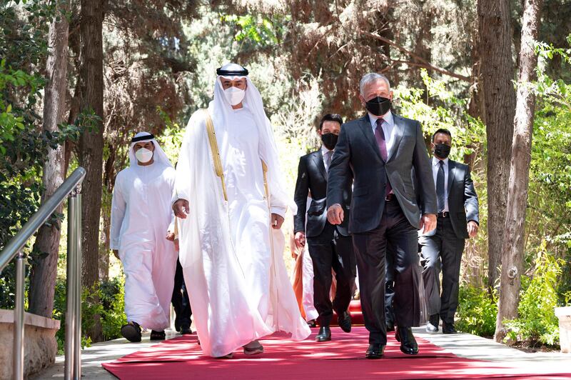 AMMAN, 27th May, 2021 (WAM) -- Sheikh Mohamed bin Zayed, Crown Prince of Abu Dhabi and Deputy Supreme Commander of the UAE Armed Forces, and King Abdullah ll of Jordan discussed the strong relations between the two countries and enhancing strategic cooperation and joint coordination in the best interest of the two sides. Courtesy MBZ's Twitter