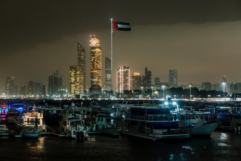 Abu Dhabi, UAE. March 25th 2017. The Abu Dhabi skyline during Earth Hour 2017 when, between 20:30 and 21:30, a WWF initiative encrouages residents and businesses to turn off their lights. In Abu Dhabi, Earth Hour achieved mixed results, with many buildings along the skyline keeping their lights on. Alex Atack for The National.  *** Local Caption ***  250317_EarthHour-1.jpg