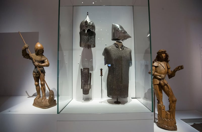 Abu Dhabi, United Arab Emirates-Helmets and shields at Furusiyya The Art of Chivalry between East and West, which draws links between knightly traditions of Europe and the Middle East at Louvre Abu Dhabi.  Leslie Pableo for The National 