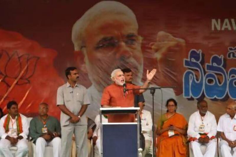 India’s main opposition Bharatiya Janata Party (BJP) leader and Gujarat state chief minister Narendra Modi  addresses a rally in Hyderabad.