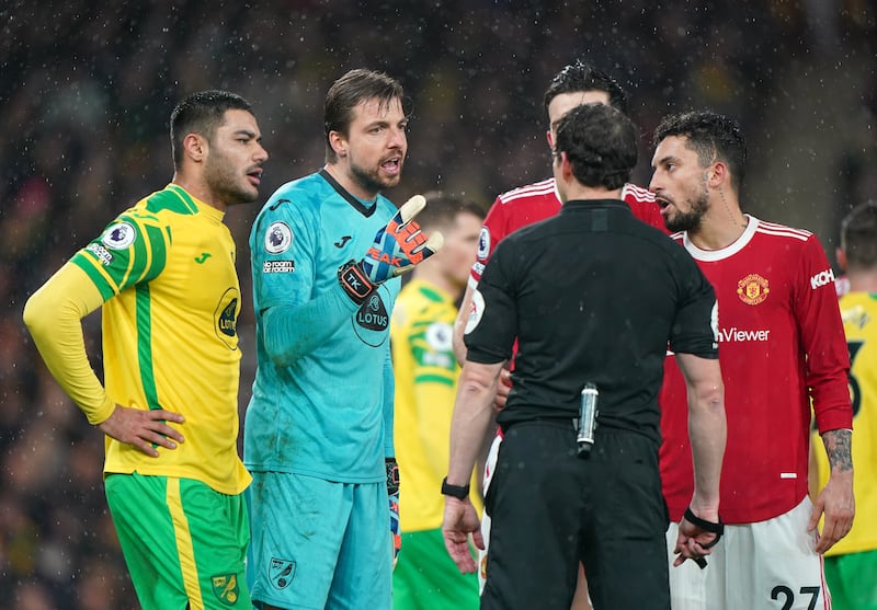 NORWICH RATINGS: Tim Krul – 7 The Dutchman made a series of crucial saves. He provided a hand on Alex Telles’ free-kick to tip it over the crossbar, comfortably saved a low shot by Dalot and then kept Ronaldo out. He also tipped over a great dipping header by Maguire at the last second just before the break. Went the wrong way for the penalty. PA