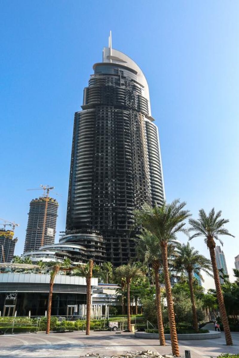 The damaged side of The Address Hotel in Downtown Dubai.
