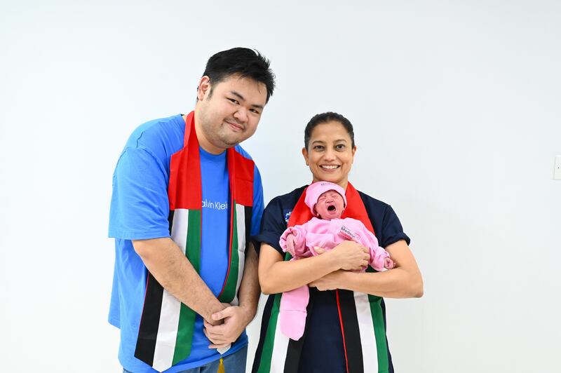 Baby Wong with her father Ren Wong and Dr Richa Saini of Medeor Hospital Abu Dhabi. Supplied