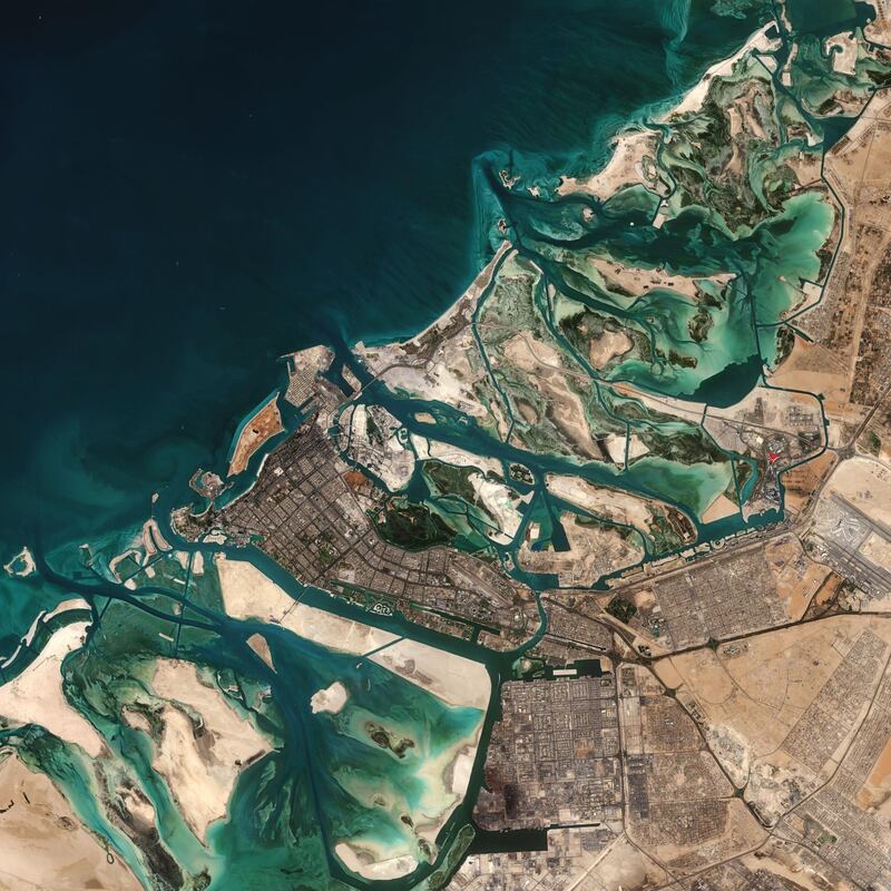 The Copernicus Sentinel 2 mission captured this striking view of Abu Dhabi from space. The dark green patch of land is the Mangrove National Park. Ferrari World can be seen in the centre-right of the image. European Space Agency