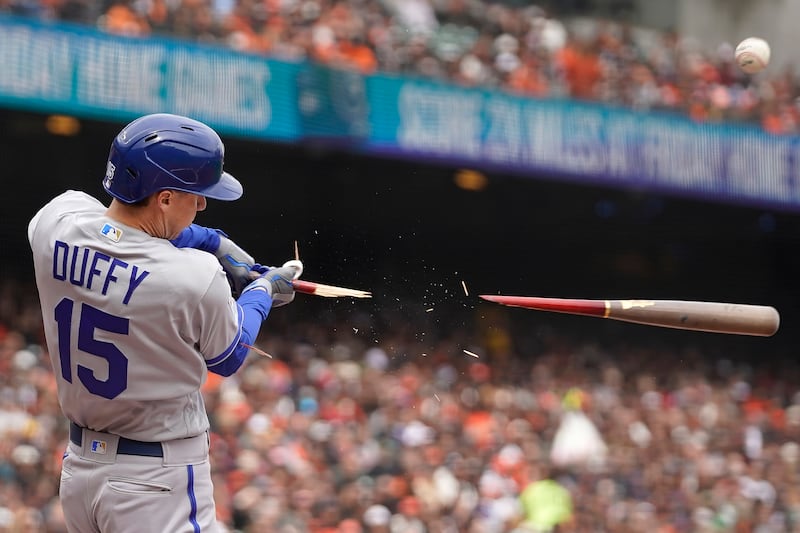 Kansas City Royals' Matt Duffy breaks his bat during the second inning of a baseball match against the San Francisco Giants in California. AP