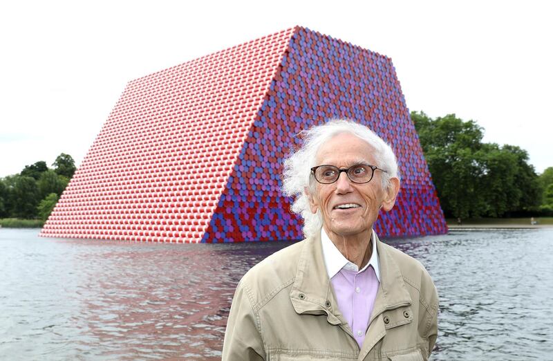 Christo unveils his first UK outdoor work, a 20-metre-high installation on Serpentine Lake, with accompanying exhibition at The Serpentine Gallery on June 18, 2018 in London, England. Getty Images