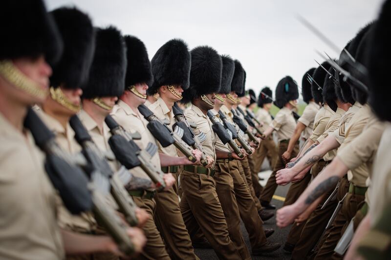 British Army soldiers rehearse at RAF Odiham for a coronation parade. Getty 