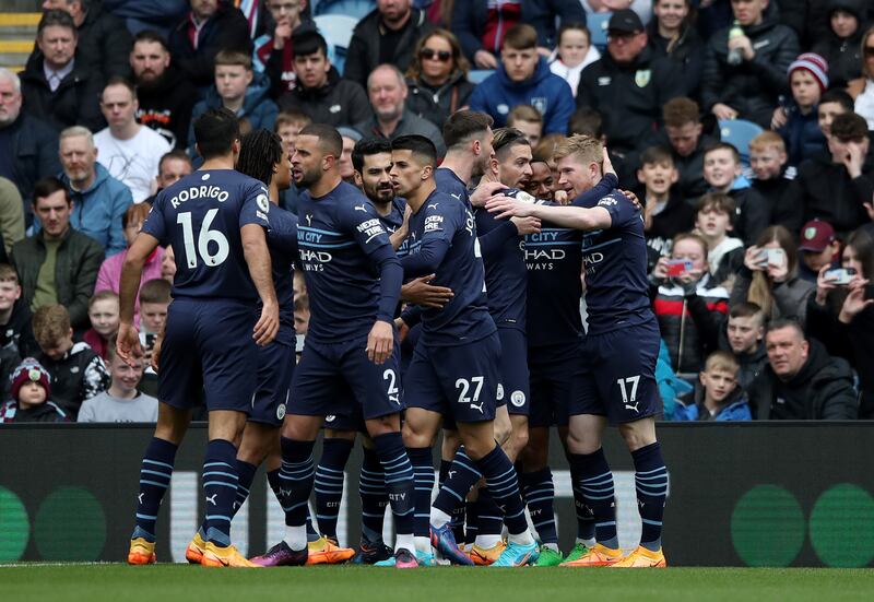 Manchester City's Kevin De Bruyne celebrates with teammates after scoring his side's first goal in the 2p-0 win at Burnley. Getty