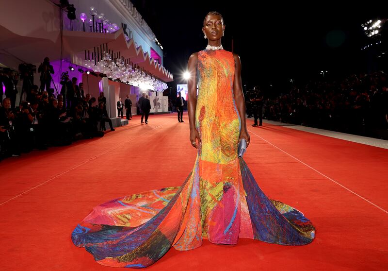 Jodie Turner-Smith dazzled in a kaleidoscopic gown by Christopher John Rogers, on the red carpet for 'Riget Exodus' (The Kingdom Exodus). Getty Images