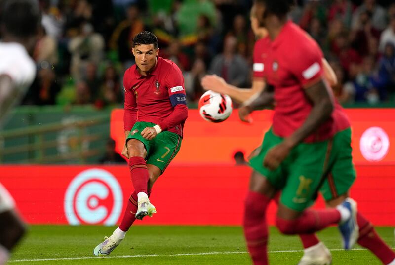 Cristiano Ronaldo takes a shot on goal during the Nations League match between Portugal and Switzerland. AP