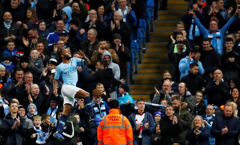 Soccer Football - Premier League - Manchester City v Southampton - Etihad Stadium, Manchester, Britain - November 4, 2018  Manchester City's Raheem Sterling celebrates scoring their fifth goal   Action Images via Reuters/Jason Cairnduff  EDITORIAL USE ONLY. No use with unauthorized audio, video, data, fixture lists, club/league logos or "live" services. Online in-match use limited to 75 images, no video emulation. No use in betting, games or single club/league/player publications.  Please contact your account representative for further details.