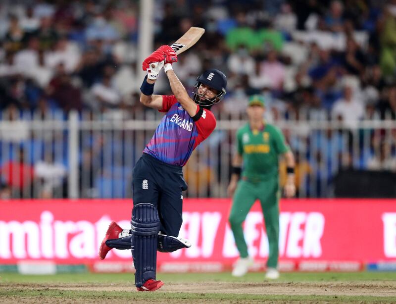 England's Moeen Ali performed with bat and ball against South Africa in their T20 World Cup match at the Sharjah Cricket Stadium on Saturday, November 6, 2021. All images Chris Whiteoak / The National