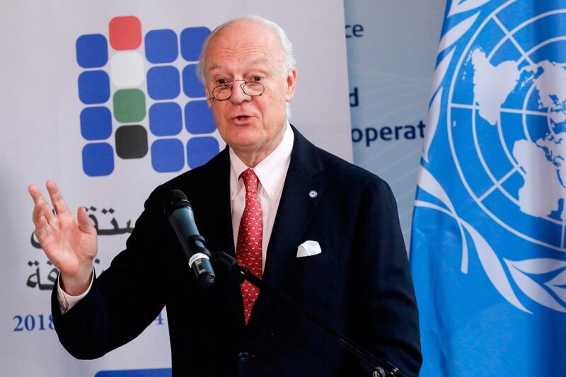 UN Special Envoy for Syria Staffan de Mistura speaks to the media following a meeting as part of an international conference on the future of Syria and the region in Brussels on April 24, 2018. 
The EU and UN on April 24 began a two-day push to drum up fresh aid pledges for war-torn Syria and reinvigorate the faltering Geneva peace process as the conflict enters its eighth year. Donor countries, aid organisations and UN agencies are gathering in Brussels for the seventh annual conference on Syria's future as international inspectors probe a suspected gas attack in the town of Douma, highlighting the brutal nature of the war. / AFP PHOTO / BELGA / THIERRY ROGE / Belgium OUT