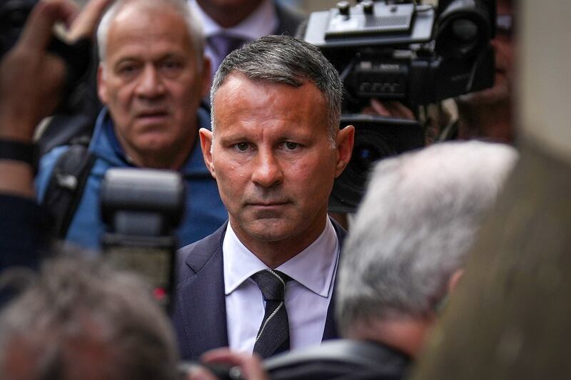 Ryan Giggs arrives at Manchester Crown Court. The former Manchester United midfielder and manager of the Welsh national team is facing charges of using coercive and controlling behaviour against an ex-girlfriend, and of assaulting her sister. Getty Images