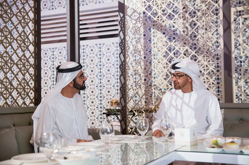 ABU DHABI, UNITED ARAB EMIRATES - June 26, 2016: HH Sheikh Mohamed bin Zayed Al Nahyan, Crown Prince of Abu Dhabi and Deputy Supreme Commander of the UAE Armed Forces (R), speaks with HH Sheikh Mohamed bin Rashid Al Maktoum, Vice-President, Prime Minister of the UAE, Ruler of Dubai and Minister of Defence (L), during iftar at Saraya Ramadan Tent on the corniche. 
( Ryan Carter / Crown Prince Court - Abu Dhabi )
--- *** Local Caption ***  on28ju-mbz-mbr.jpg