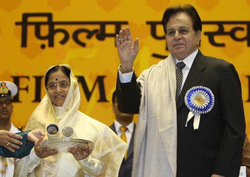 On September 03, 2008, then Indian president Pratibha Patil, left, presents the Lifetime Achievement award to Dilip Kumar in New Delhi.