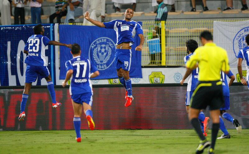 Bruno Cesar Correa of Al Nasr celebrates scoring his side's second goal during the Etisalat Pro League match between Al Nasr and Al Shaab at Zabeel Stadium, Dubai on the 3rd November 2012. Credit: Jake Badger for The National