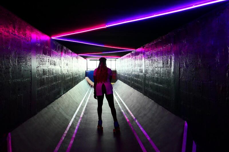 People doing roller skating at the RollDXB roller disco which opens at Shed 3 Marina Cubes Street, Dubai Maritime City, Port Rashid, Bur Dubai on April 25,2021. (Pawan Singh/The National). Story by Sophie Prideaux 