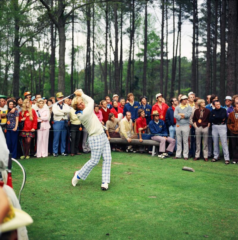 AUGUSTA, GA - APRIL 1972:  Masters Champion Jack Nicklaus watches his shot from the tee box in front of a large gallery during the 1972 Masters Tournament at Augusta National Golf Club on April 1972 in Augusta, Georgia. (Photo by Augusta National/Getty Images)