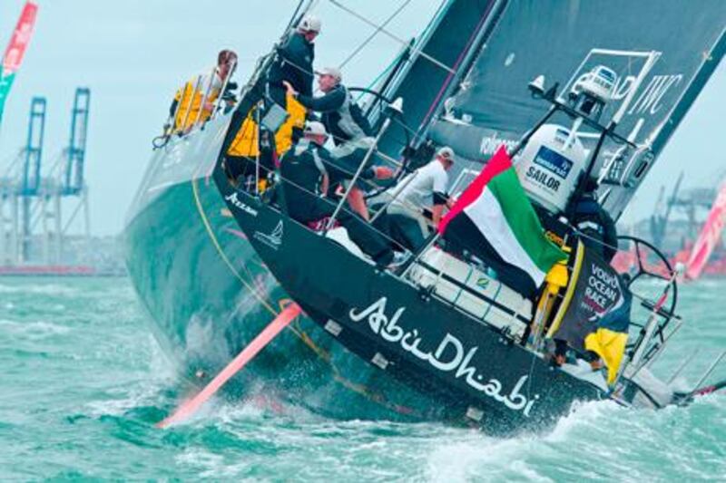 Abu Dhabi Ocean Racing, skippered by Ian Walker from the UK, heeling over during the Auckland In-Port Race, in the Volvo Ocean Race 2011-12. (Credit: Marc Bow/Volvo Ocean Race)