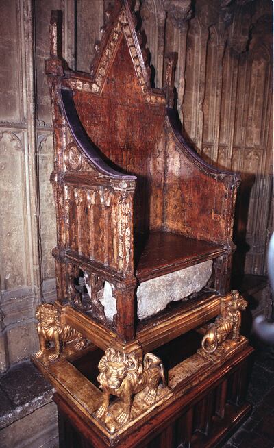 The Coronation Chair, containing the Stone of Scone, in Westminster Abbey, 1996. Photo: Sean Dempsey