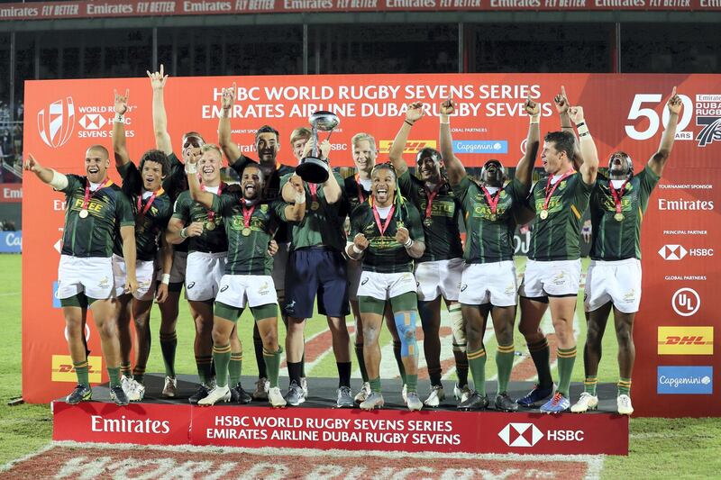 Dubai, United Arab Emirates - December 07, 2019: South Africa celebrate the win after the game between New Zealand and South Africa in the mens final at the HSBC rugby sevens series 2020. Saturday, December 7th, 2019. The Sevens, Dubai. Chris Whiteoak / The National