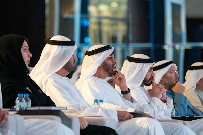 ABU DHABI, UNITED ARAB EMIRATES - February 06, 2019: HH Sheikh Mohamed bin Zayed Al Nahyan, Crown Prince of Abu Dhabi and Deputy Supreme Commander of the UAE Armed Forces (3rd L), attends the 13th forum of the UAE's ambassadors and representatives of diplomatic missions, at the office of the Ministry of Foreign Affairs and International Cooperation (MOFAIC). Seen with HE Reem Ibrahim Al Hashimi, UAE Minister of State for International Cooperation (L), HE Dr Sultan Ahmed Al Jaber, UAE Minister of State, Chairman of Masdar and CEO of ADNOC Group (2nd L), HH Sheikh Abdullah bin Zayed Al Nahyan, UAE Minister of Foreign Affairs and International Cooperation (4th L) and HE Dr Anwar bin Mohamed Gargash, UAE Minister of State for Foreign Affairs (R).

( Rashed Al Mansoori / Ministry of Presidential Affairs )
---