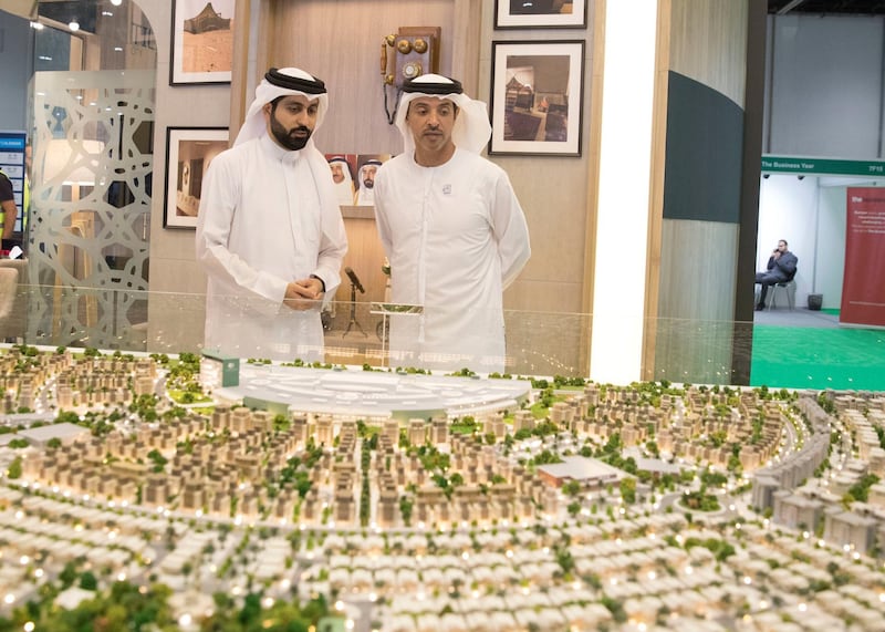 ABU DHABI, UNITED ARAB EMIRATES - April 16, 2019: HH Sheikh Hazza bin Zayed Al Nahyan, Vice Chairman of the Abu Dhabi Executive Council (R), attends the opening of Cityscape Abu Dhabi, at Abu Dhabi National Exhibition Centre (ADNEC). 

( Mohammed Al Blooshi for Ministry of Presidential Affairs )
---