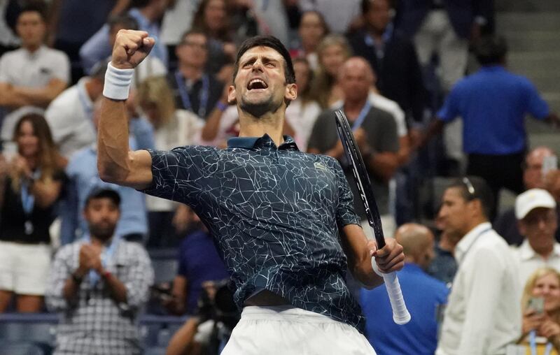 TOPSHOT - Serbia's Novak Djokovic reacts after his win against Japan's Kei Nishikori during the Men's Singles Semi-Finals match at the 2018 US Open at the USTA Billie Jean King National Tennis Center in New York on September 7, 2018. (Photo by TIMOTHY A. CLARY / AFP)