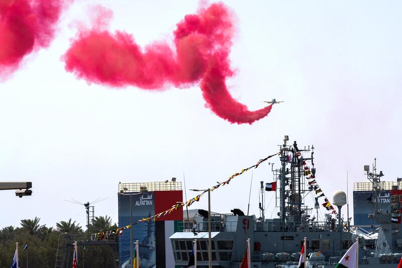 Abu Dhabi, United Arab Emirates, February 23, 2021.  Idex 2021 Day 3.
 Al Fursan  air display at the ADNEC Grandstand.
Victor Besa / The National
Section:  NA