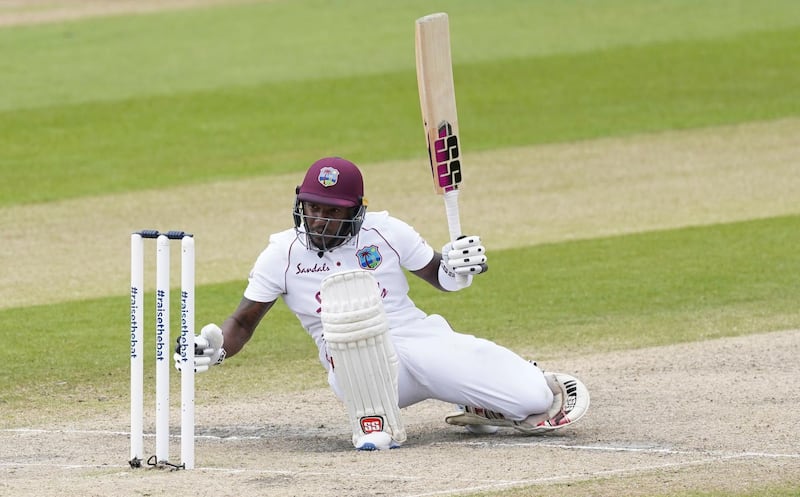 West Indies' Jermaine Blackwood falls in an attempt to play a rising delivery from England's Ben Stokes. AP