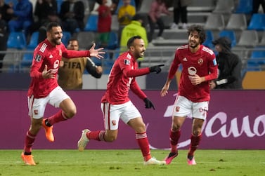 Al Ahly players celebrate after Al Ahly's Mohamed Afsha, centre, scored his side's opening goal during the FIFA Club World Cup soccer match between Seattle Sounders FC and Al Ahly FC in Tangier, Morocco, Saturday, Feb.  4, 2023.  (AP Photo / Mosa'ab Elshamy)