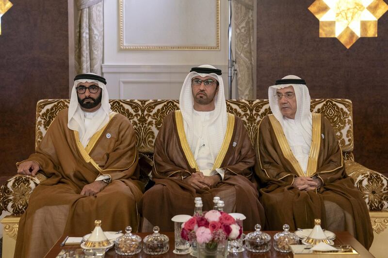 ABU DHABI, UNITED ARAB EMIRATES - July 19, 2018: (L-R) HE Mohamed Ahmad Al Bowardi, UAE Minister of State for Defence Affairs, HE Dr Sultan Ahmed Al Jaber, UAE Minister of State, Chairman of Masdar and CEO of ADNOC Group, HE Zaki Anwar Nusseibeh, UAE Minister of State, attend a reception held for HE Xi Jinping, President of China (not shown), at the Presidential Airport.

( Hamad Al Kaabi / Crown Prince Court - Abu Dhabi )
---