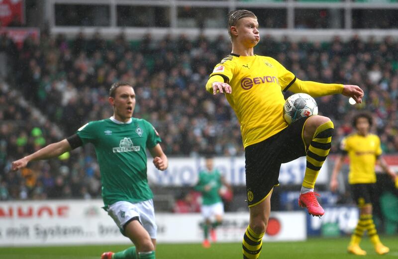 Borussia Dortmund's Erling Haaland controls the ball. EPA