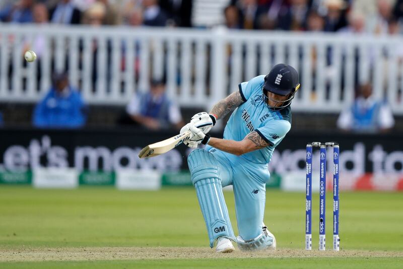 Ben Stokes hits a six during the 2019 World Cup final against New Zealand at Lord's. AP