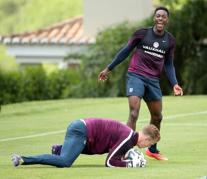 Danny Welbeck and Joe Hart in action during England's training session on Wednesday for the 2014 World Cup. Richard Heathcote / Getty Images / May 21, 2014