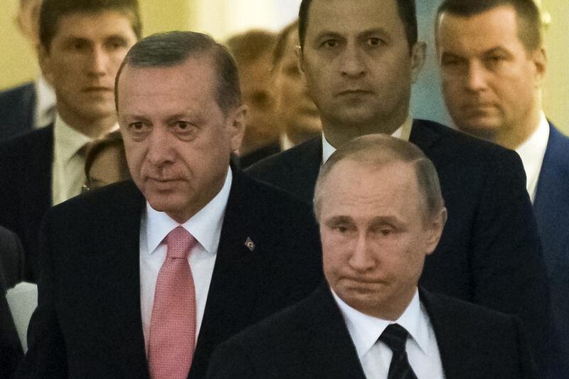 Russian president Vladimir Putin with his Turkish counterpart, Recep Tayyip Erdogan, in Russia on Tuesday. Alexander Zemlianichenko / AP Photo