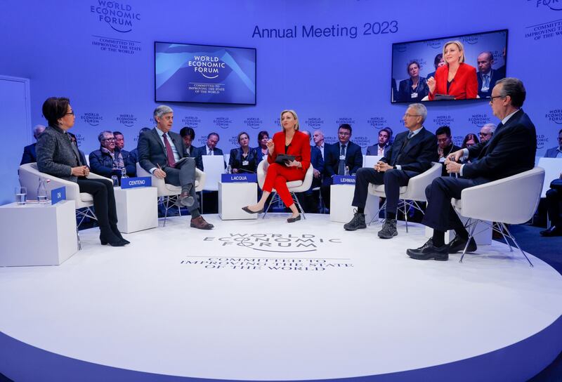 From left, Hong Kong Exchanges & Clearing Ltd chairwoman Laura Cha, Banco de Portugal Governor Mario Centeno, Bloomberg TV anchor Francine Lacqua, Credit Suisse chairman Axel Lehmann and S&P Global president and chief executive Douglas Peterson during a panel session on the opening day of the forum. Bloomberg