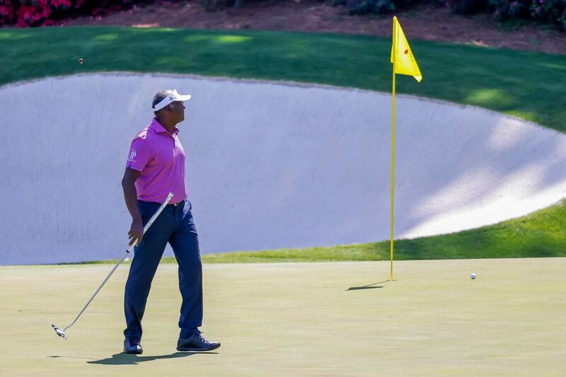 Vijay Singh at the 13th green during a practice round for the 2021 Masters. EPA