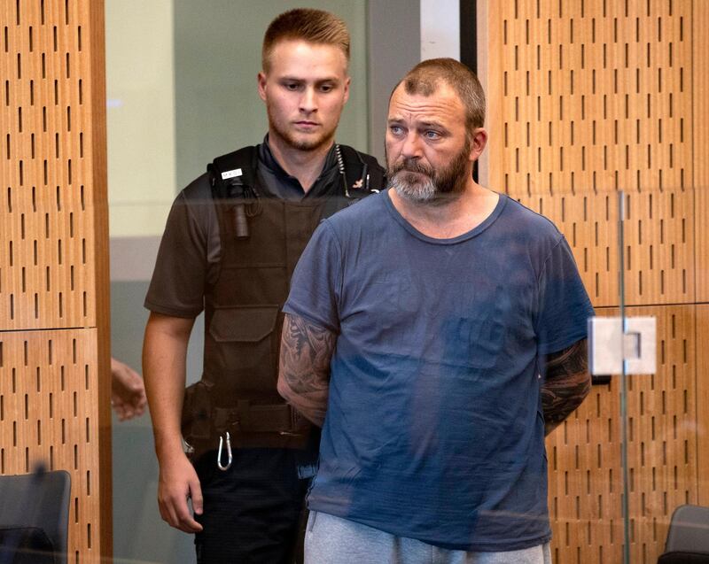 Philip Arps is in the dock at the Christchurch District Court Wednesday, March 20, 2019. Arps, 44, appeared on two charges of distributing the Christchurch mosque shooter's livestreamed video of the Al Noor mosque, a violation of the country's objectionable publications law. (Mark Mitchell/Pool Photo via AP)