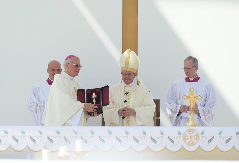 Bishop Paul Hinder with the pope during his visit to Abu Dhabi. 