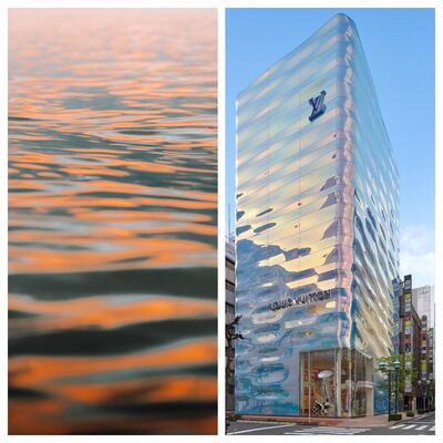 The sea at sunset, shown next to the new Louis Vuitton building in Tokyo that is inspired by water. Unsplash, Louis Vuitton