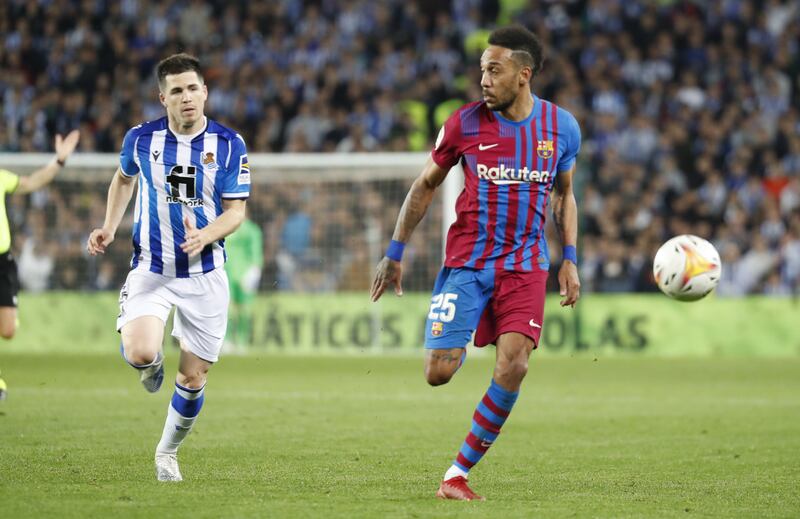 Barcelona striker Pierre-Emerick Aubameyang in action against Real Sociedad's Igor Zubeldia. EPA