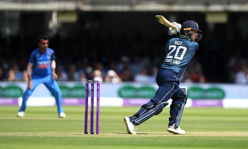 LONDON, ENGLAND - JULY 14:  England batsman Jason Roy hits out during the 2nd ODI Royal London One Day International match between England and India at Lord's Cricket Ground on July 14, 2018 in London, England.  (Photo by Stu Forster/Getty Images)