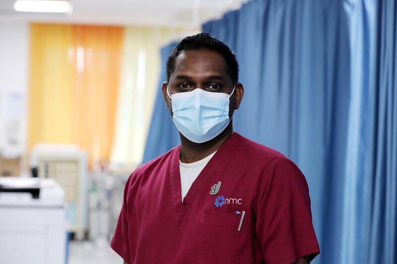 Dubai, United Arab Emirates - Reporter: N/A. News. Health. Photo Project. EMT nurse Jephy Antony at the NMC Royal Hospital, DIP. Photo project on hospital staff that Covid-19, recovered and carried on treating patiences. Monday, July 27th, 2020. Dubai. Chris Whiteoak / The National